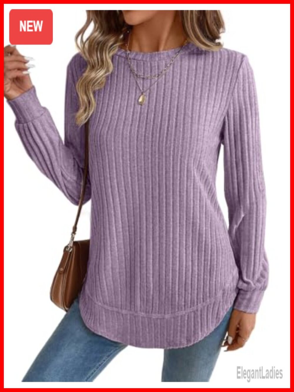 Womens Long Sleeve Tunic Sweater Crew Neck Lightweight Ribbed Knit